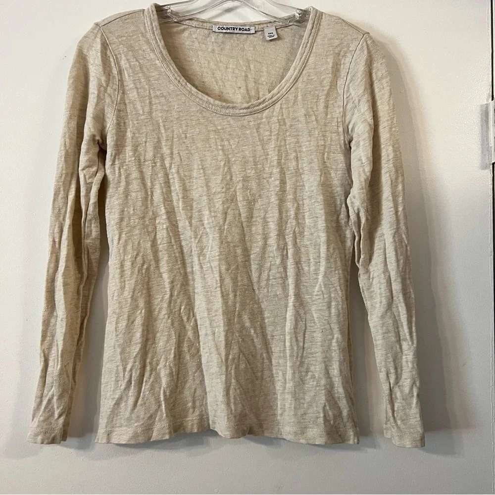 Country Road Linen Blend Long Sleeve Tee T-Shirt Cream XXS Minimalist Capsule